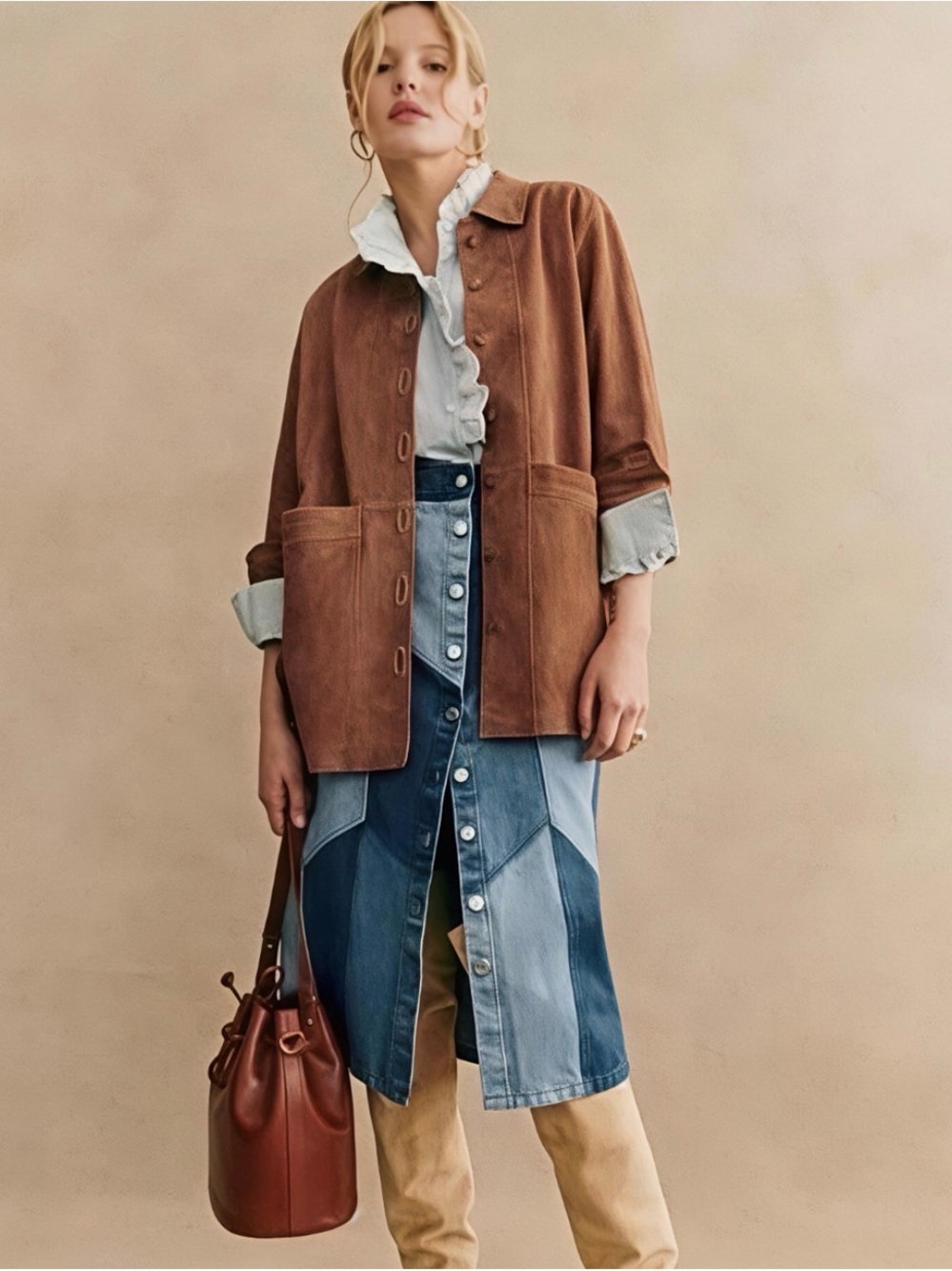Sezane Alexane Denim Skirt Size FR 42/ AU & UK 14/ US 10 Patchwork Boho Vintage - Picture 2 of 4